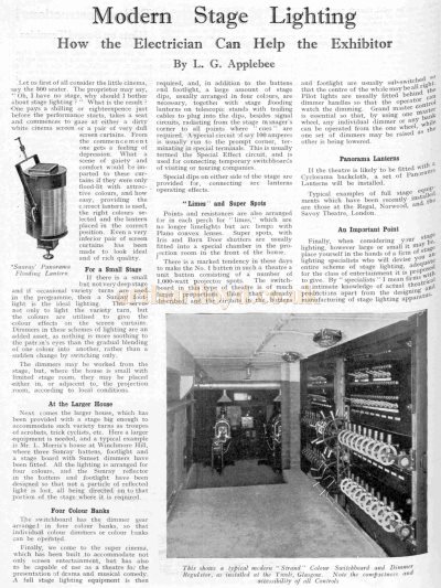 Modern Stage Lighting - From The Bioscope, 12th of March 1930.